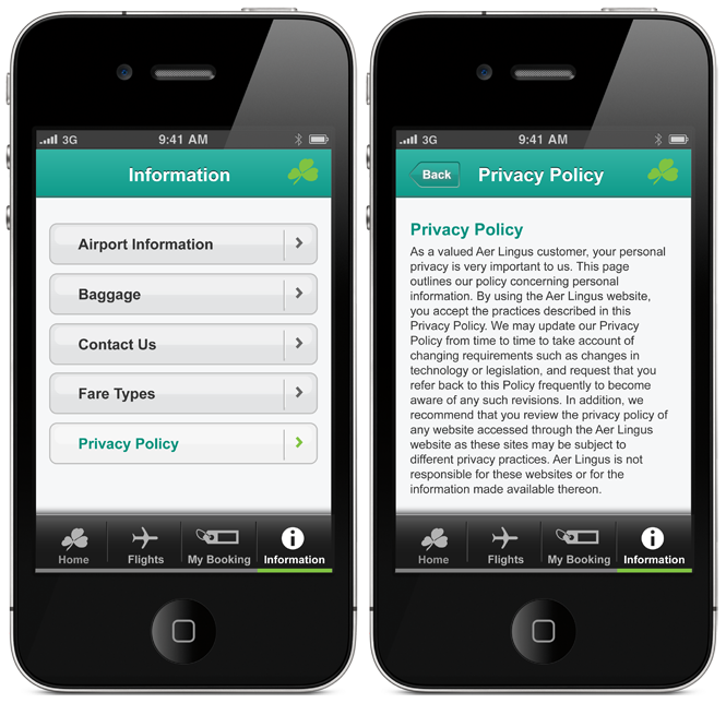 Information and privacy policy screens